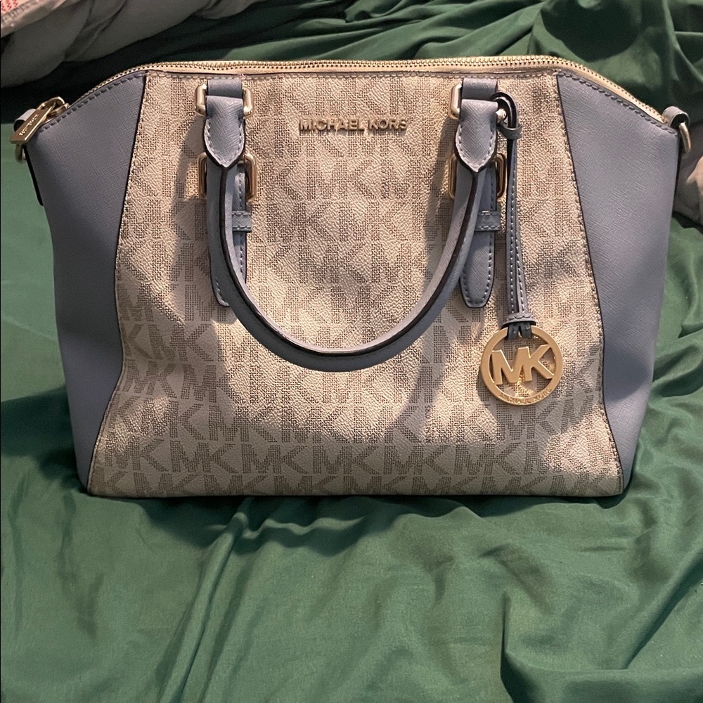 Michael Kors Beige Canvas Satchel with Light Blue Trim and Gold Hardware